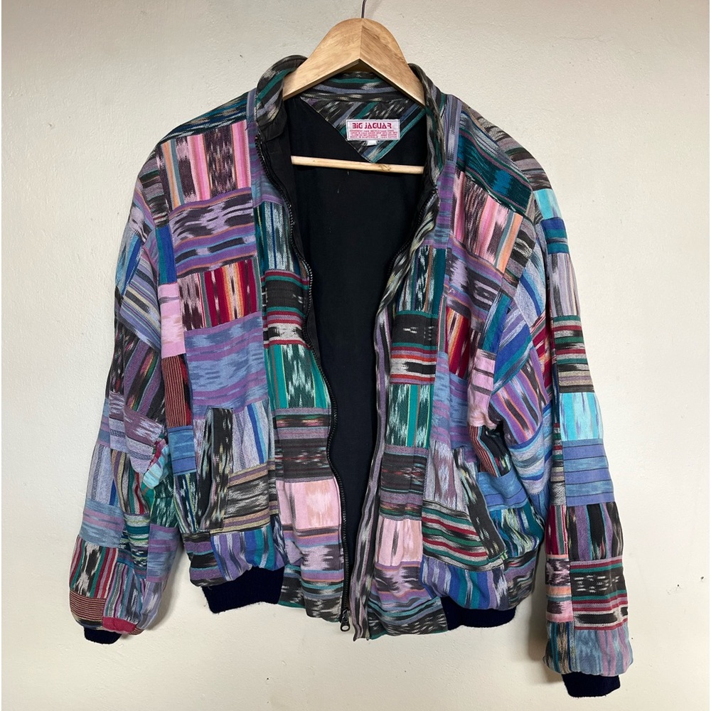 Big Jaguar Bomber Jacket Guatemala Serape Quilted Blanket Patchwork 80s 90s